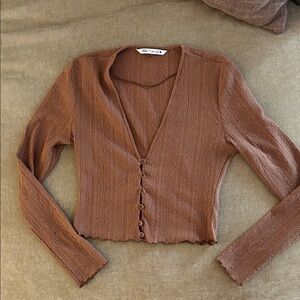 Zara Rust Brown Ribbed Button-Front Cardigan
